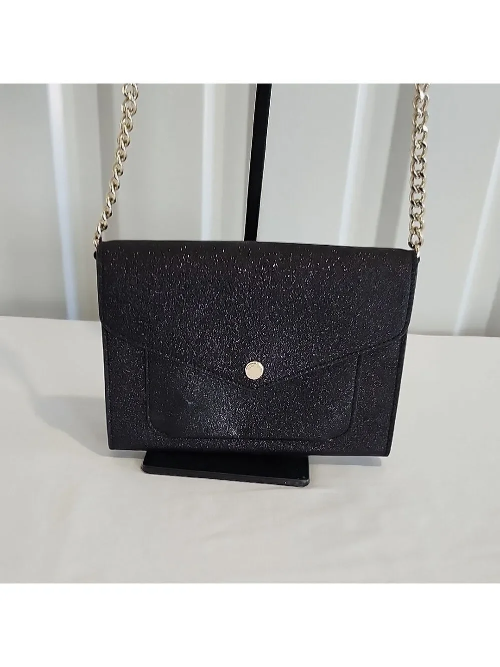Kate Spade New York Tinsel Flap Crossbody Bag Black Glitter Removeable Strap